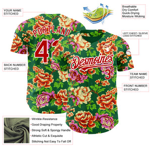 Custom Kelly Green Red-White 3D Pattern Design Northeast China Big Flower Authentic Baseball Jersey