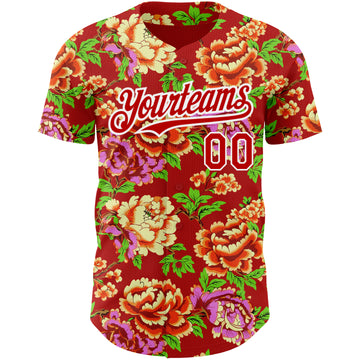 Custom Red White 3D Pattern Design Northeast China Big Flower Authentic Baseball Jersey