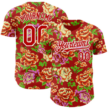 Custom Red White 3D Pattern Design Northeast China Big Flower Authentic Baseball Jersey