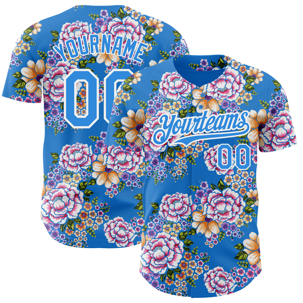 Custom Electric Blue White 3D Pattern Design Northeast China Big Flower Authentic Baseball Jersey