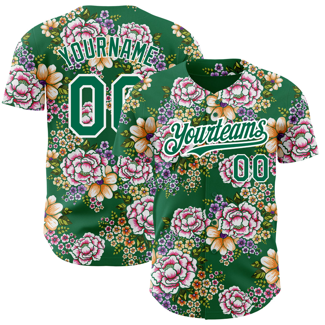 Custom Kelly Green White 3D Pattern Design Northeast China Big Flower Authentic Baseball Jersey