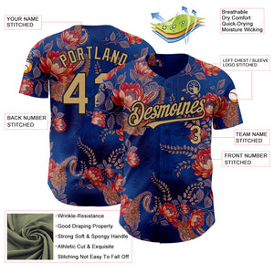 Custom Navy Old Gold-Black 3D Pattern Design Northeast China Big Flower Authentic Baseball Jersey