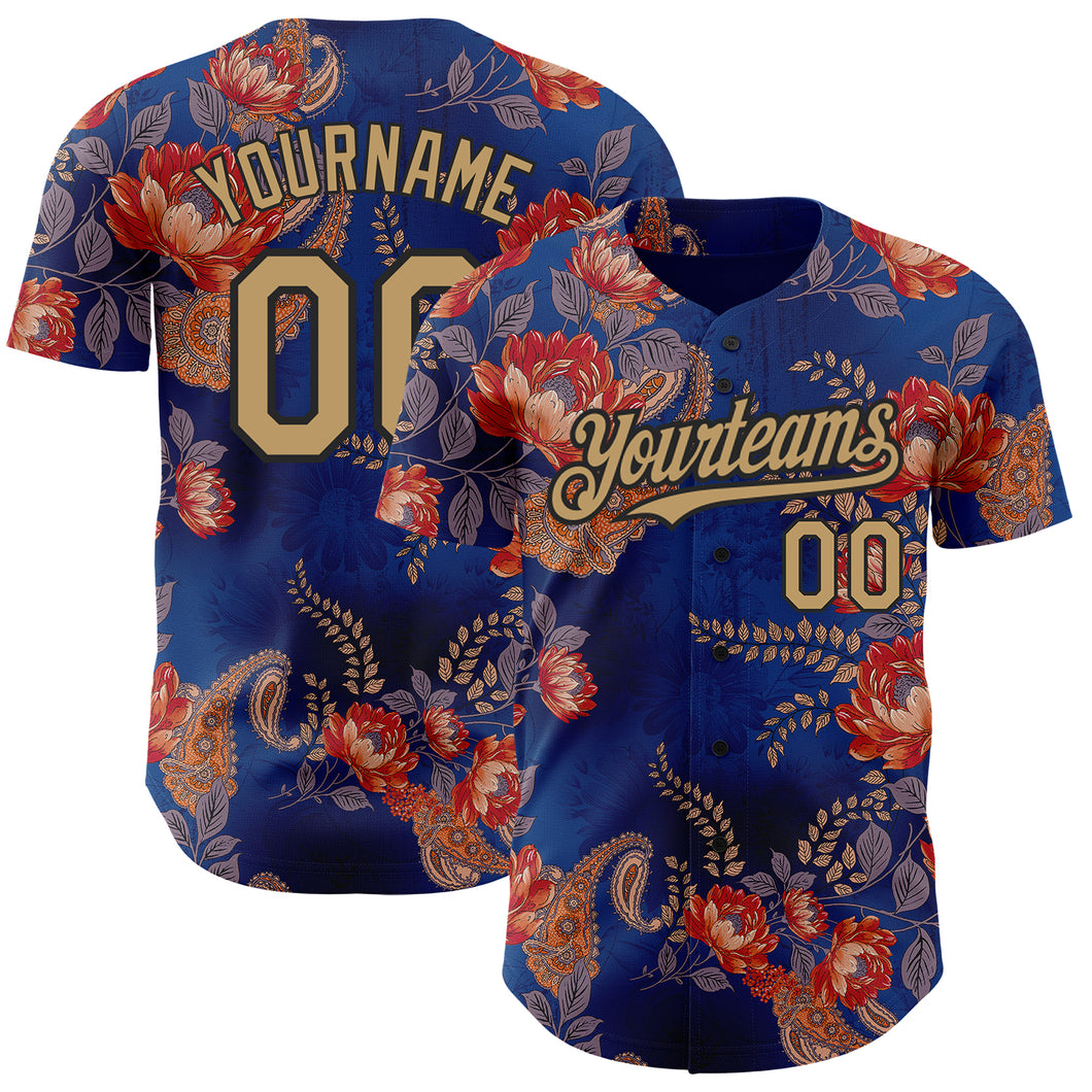 Custom Navy Old Gold-Black 3D Pattern Design Northeast China Big Flower Authentic Baseball Jersey