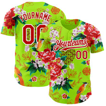 Load image into Gallery viewer, Custom Neon Green Red-White 3D Pattern Design Northeast China Big Flower Authentic Baseball Jersey
