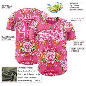 Custom Neon Pink Pink-White 3D Pattern Design Northeast China Big Flower Authentic Baseball Jersey