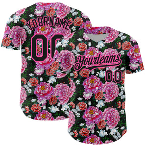 Custom Pink Black 3D Pattern Design Northeast China Big Flower Authentic Baseball Jersey