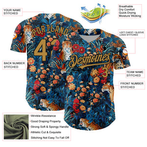 Custom Royal Old Gold-Black 3D Pattern Design Northeast China Big Flower And Leopard Authentic Baseball Jersey