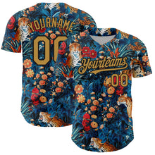 Load image into Gallery viewer, Custom Royal Old Gold-Black 3D Pattern Design Northeast China Big Flower And Leopard Authentic Baseball Jersey
