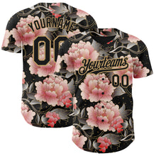 Load image into Gallery viewer, Custom Black Old Gold 3D Pattern Design Northeast China Big Flower Authentic Baseball Jersey
