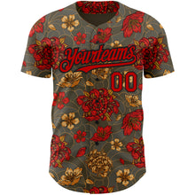 Laden Sie das Bild in den Galerie-Viewer, Custom Olive Red-Black 3D Pattern Design Northeast China Big Flower Authentic Baseball Jersey
