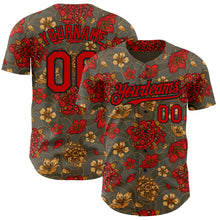 Load image into Gallery viewer, Custom Olive Red-Black 3D Pattern Design Northeast China Big Flower Authentic Baseball Jersey
