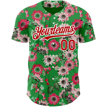 Custom Grass Green Red-White 3D Pattern Design Northeast China Big Flower Authentic Baseball Jersey