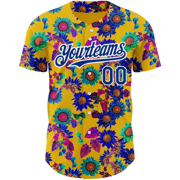 Custom Yellow Royal-White 3D Pattern Design Northeast China Big Flower Authentic Baseball Jersey