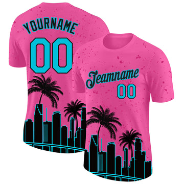 Custom Pink Lakes Blue-Black 3D Pattern Design Miami Palm Trees City Edition Performance T-Shirt