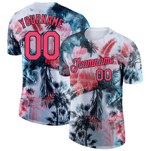 Custom White Neon Pink-Black 3D Pattern Design Hawaii Palm Trees Performance T-Shirt