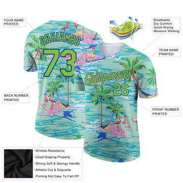 Custom Lakes Blue Neon Green-Navy 3D Pattern Design Beach Hawaii Palm Trees And Flamingo Performance T-Shirt