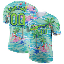 Laden Sie das Bild in den Galerie-Viewer, Custom Lakes Blue Neon Green-Navy 3D Pattern Design Beach Hawaii Palm Trees And Flamingo Performance T-Shirt
