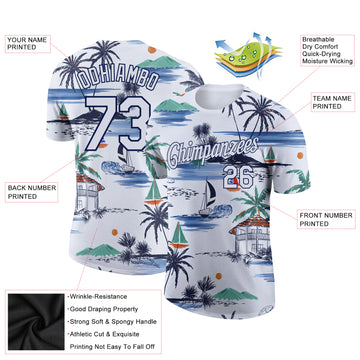 Custom White Navy 3D Pattern Design Hawaii Palm Trees Island And Sailboat Performance T-Shirt