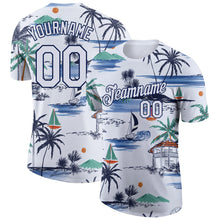 Load image into Gallery viewer, Custom White Navy 3D Pattern Design Hawaii Palm Trees Island And Sailboat Performance T-Shirt
