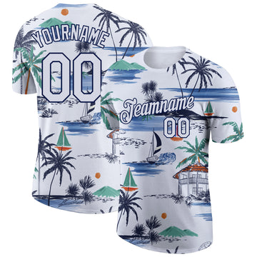 Custom White Navy 3D Pattern Design Hawaii Palm Trees Island And Sailboat Performance T-Shirt