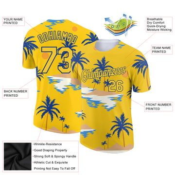 Custom Yellow Royal 3D Pattern Design Sun Beach Hawaii Palm Trees Performance T-Shirt