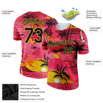 Custom Red Black-Gold 3D Pattern Design Sun Beach Hawaii Palm Trees Performance T-Shirt
