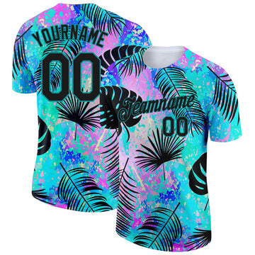 Custom Teal Black 3D Pattern Design Hawaii Palm Leaves Performance T-Shirt