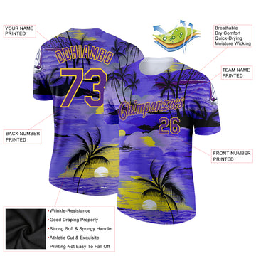 Custom Purple Yellow 3D Pattern Design Sun Beach Hawaii Palm Trees Performance T-Shirt