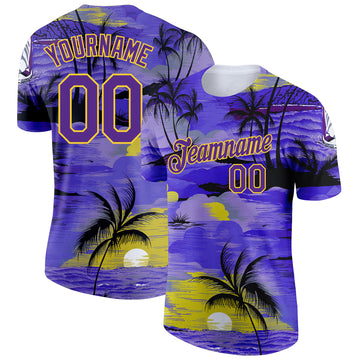 Custom Purple Yellow 3D Pattern Design Sun Beach Hawaii Palm Trees Performance T-Shirt