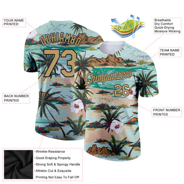 Custom Aqua Old Gold-Black 3D Pattern Design Hawaii Palm Trees And Flowers Performance T-Shirt