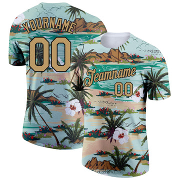 Custom Aqua Old Gold-Black 3D Pattern Design Hawaii Palm Trees And Flowers Performance T-Shirt