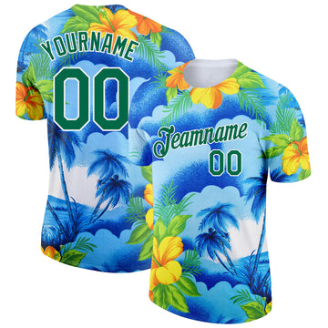 Custom White Kelly Green 3D Pattern Design Beach Hawaii Palm Trees And Flowers Performance T-Shirt