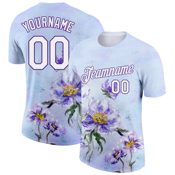 Custom Purple White 3D Pattern Design Flowers Performance T-Shirt
