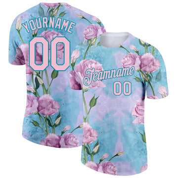 Custom Teal Light Pink 3D Pattern Design Flowers Performance T-Shirt
