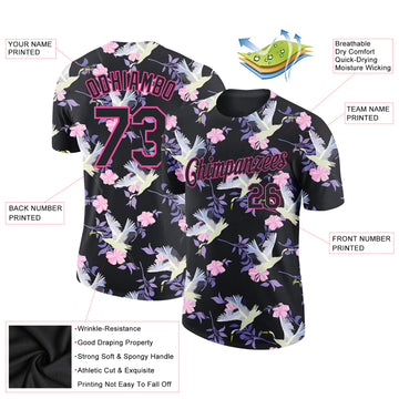 Custom Black Pink 3D Pattern Design Flowers And Crane Performance T-Shirt