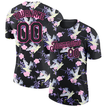 Custom Black Pink 3D Pattern Design Flowers And Crane Performance T-Shirt