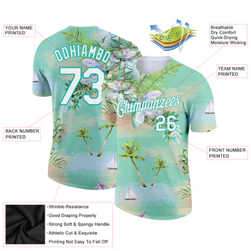 Custom Aqua White 3D Pattern Design Beach Hawaii Palm Trees Performance T-Shirt