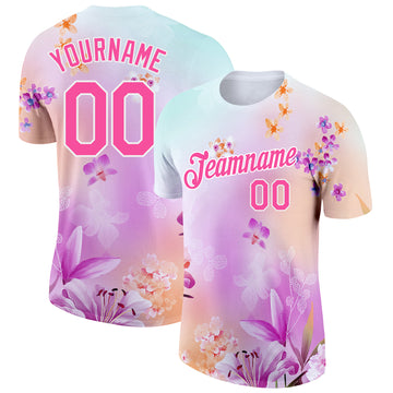 Custom Pink White 3D Pattern Design Flowers Performance T-Shirt