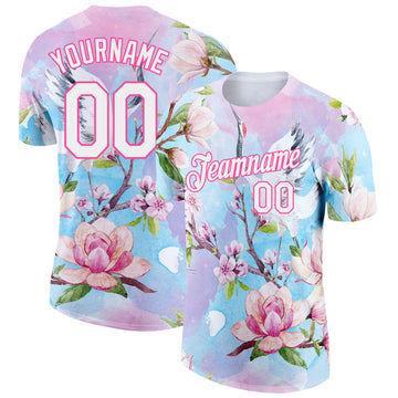 Custom Pink White 3D Pattern Design Flowers Performance T-Shirt