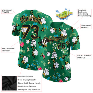 Custom Kelly Green Black-Old Gold 3D Pattern Design Flowers Performance T-Shirt