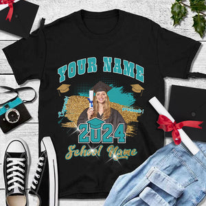 Custom Black Teal-White 3D Graduation Performance T-Shirt