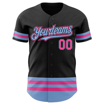 Custom Black Pink-Light Blue Line Authentic Baseball Jersey