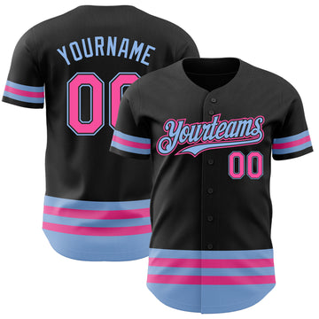 Custom Black Pink-Light Blue Line Authentic Baseball Jersey