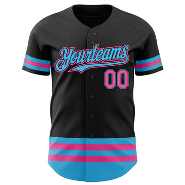 Custom Black Pink-Sky Blue Line Authentic Baseball Jersey