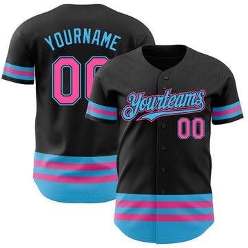 Custom Black Pink-Sky Blue Line Authentic Baseball Jersey