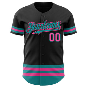 Custom Black Pink-Teal Line Authentic Baseball Jersey