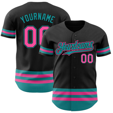 Custom Black Pink-Teal Line Authentic Baseball Jersey