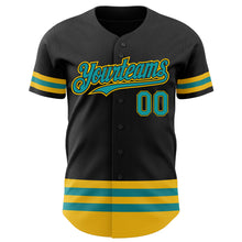 Load image into Gallery viewer, Custom Black Teal-Yellow Line Authentic Baseball Jersey
