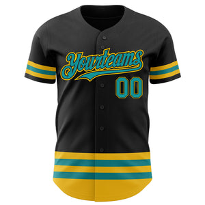 Custom Black Teal-Yellow Line Authentic Baseball Jersey