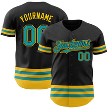 Load image into Gallery viewer, Custom Black Teal-Yellow Line Authentic Baseball Jersey
